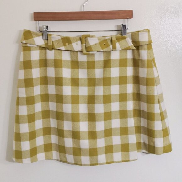 NWOT Suistudio Wool Check Faux Wrap Miniskirt With Belt Size 12 - Picture 1 of 8